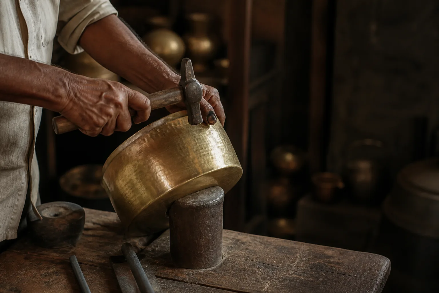 Artisan hammering the surface of a brass vessel